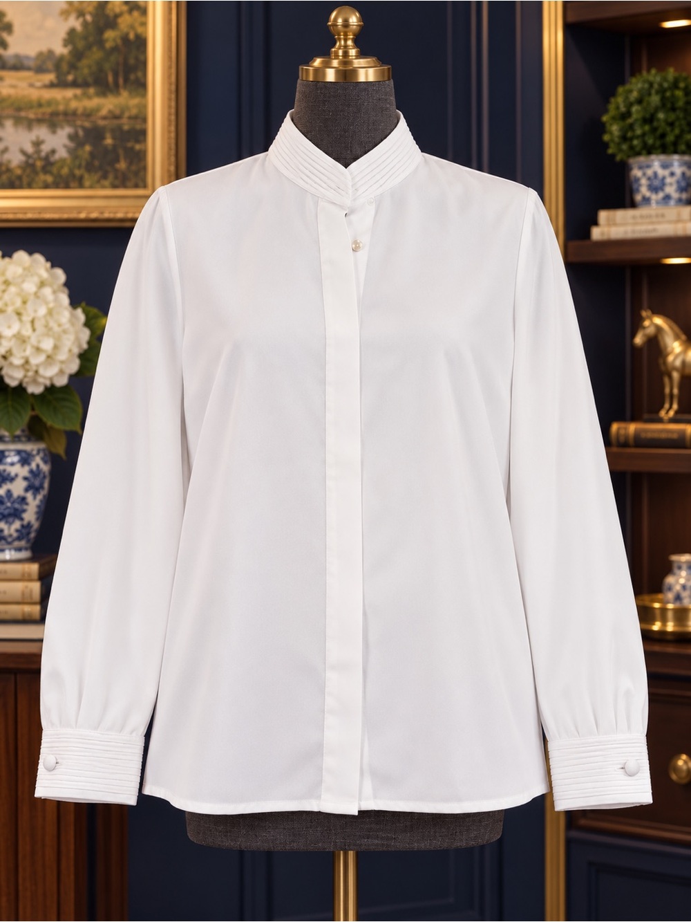 Karen Scott Y2K Classic White Mandarin Collar Shirt w/ shoulder pads